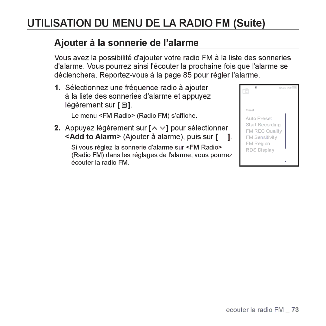 Samsung YP-S5JQB/XEF, YP-S5JAB/XEF, YP-S5JCW/XEF, YP-S5JCB/XEF manual Ajouter à la sonnerie de l’alarme 