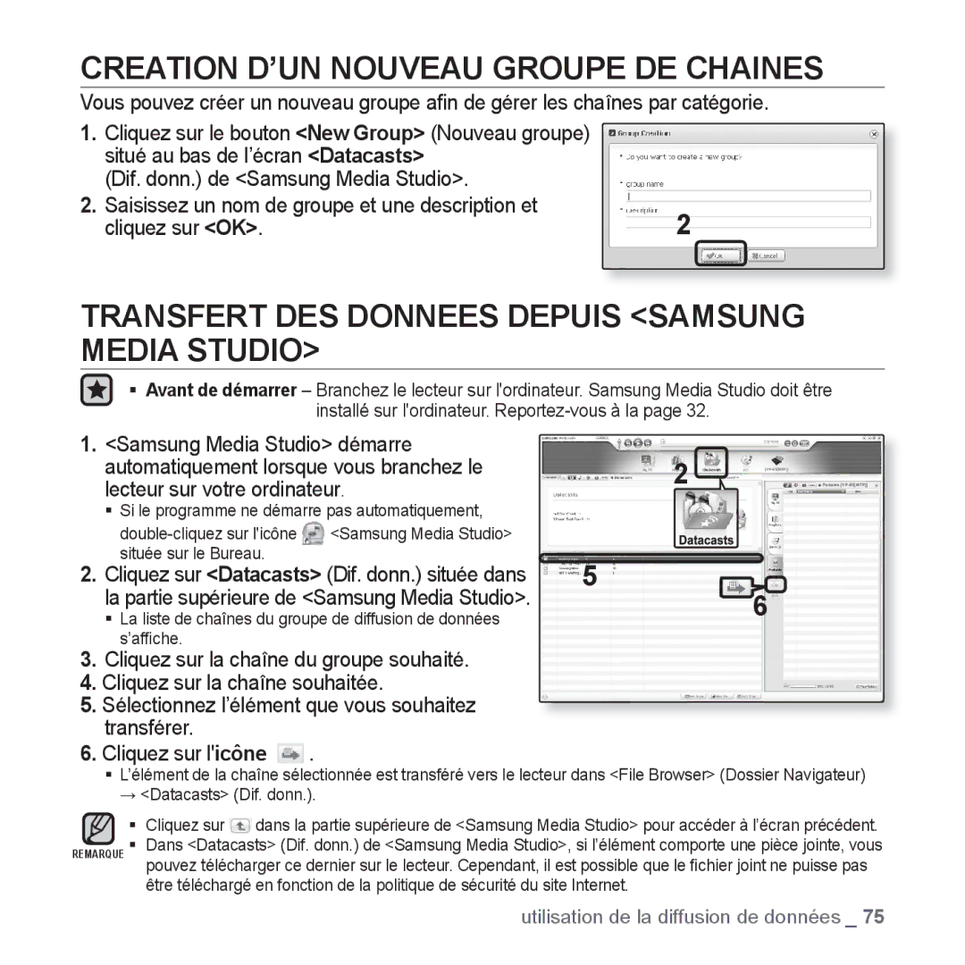 Samsung YP-S5JCB/XEF manual Creation D’UN Nouveau Groupe DE Chaines, Transfert DES Donnees Depuis Samsung Media Studio 