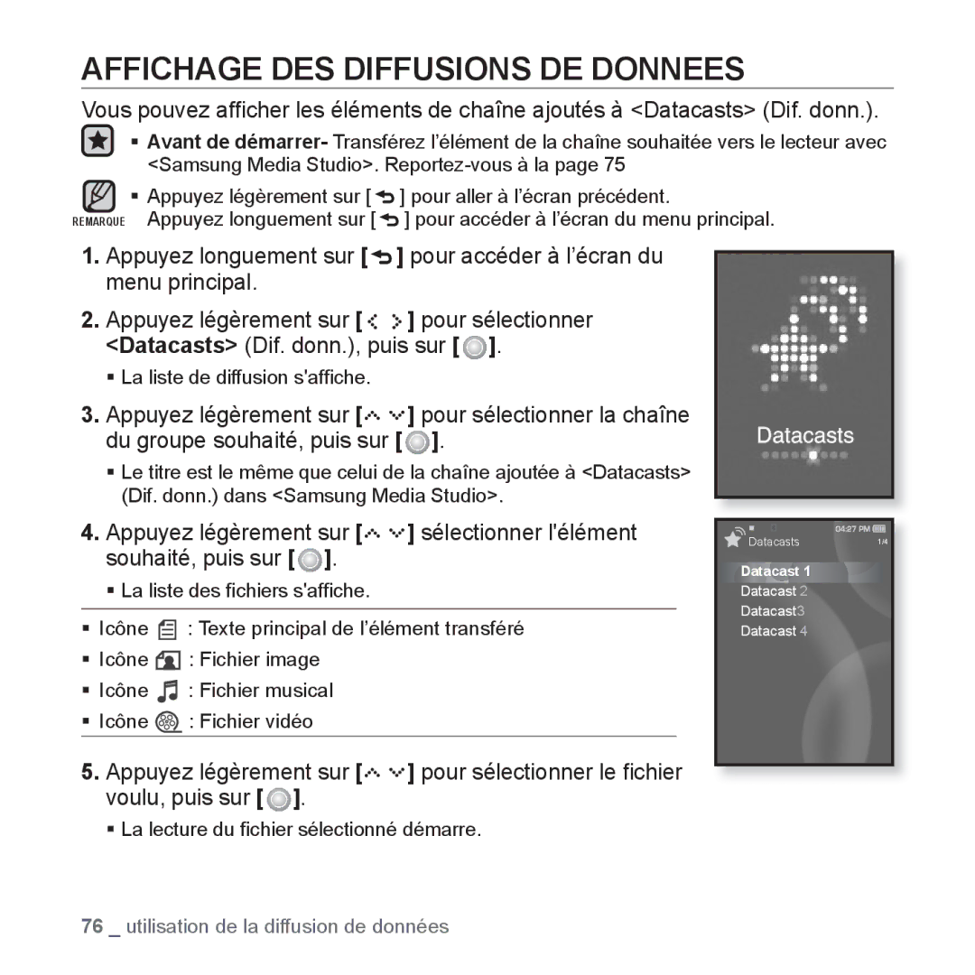 Samsung YP-S5JAB/XEF, YP-S5JQB/XEF, YP-S5JCW/XEF, YP-S5JCB/XEF manual Affichage DES Diffusions DE Donnees 