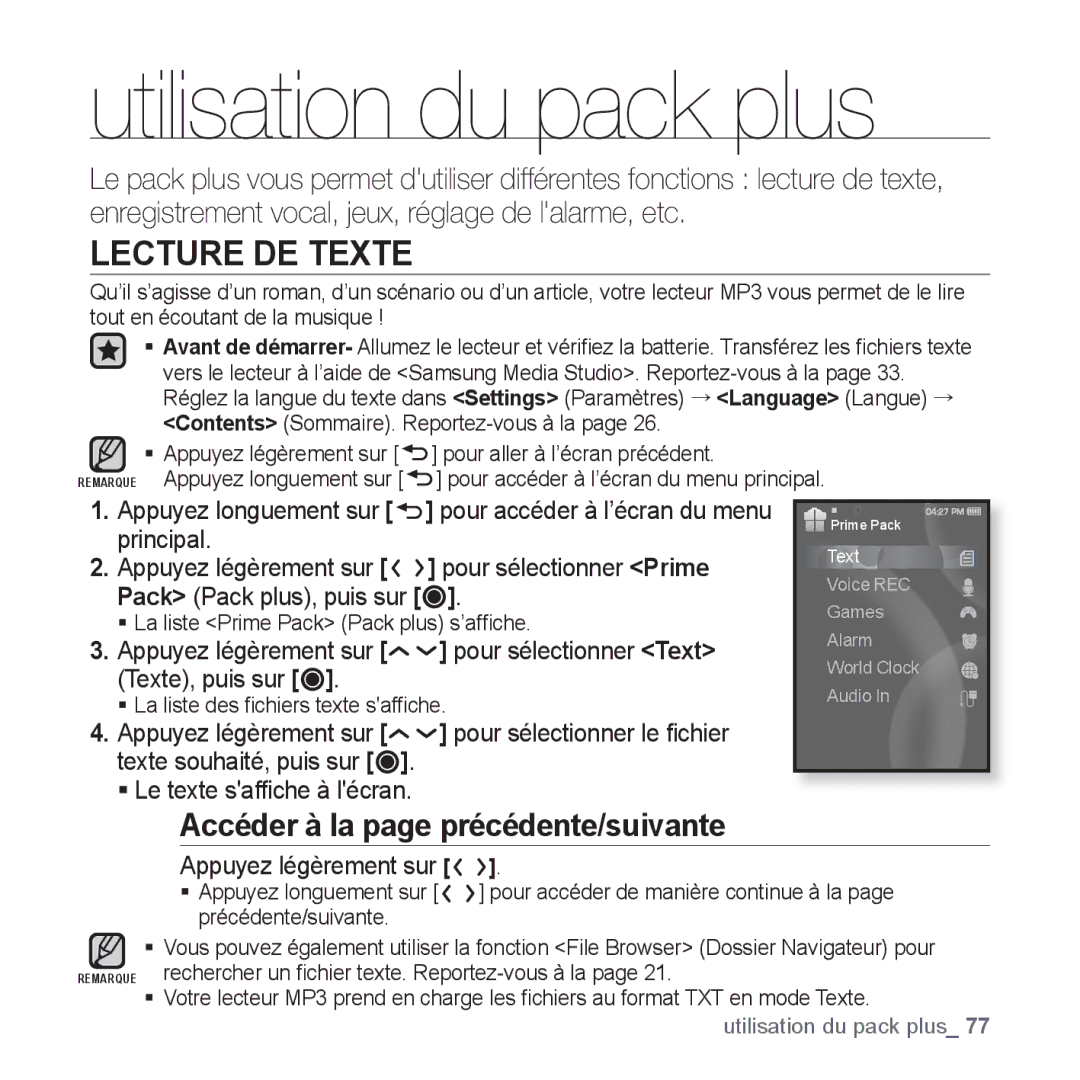 Samsung YP-S5JQB/XEF, YP-S5JAB/XEF manual Utilisation du pack plus, Lecture DE Texte, Accéder à la page précédente/suivante 