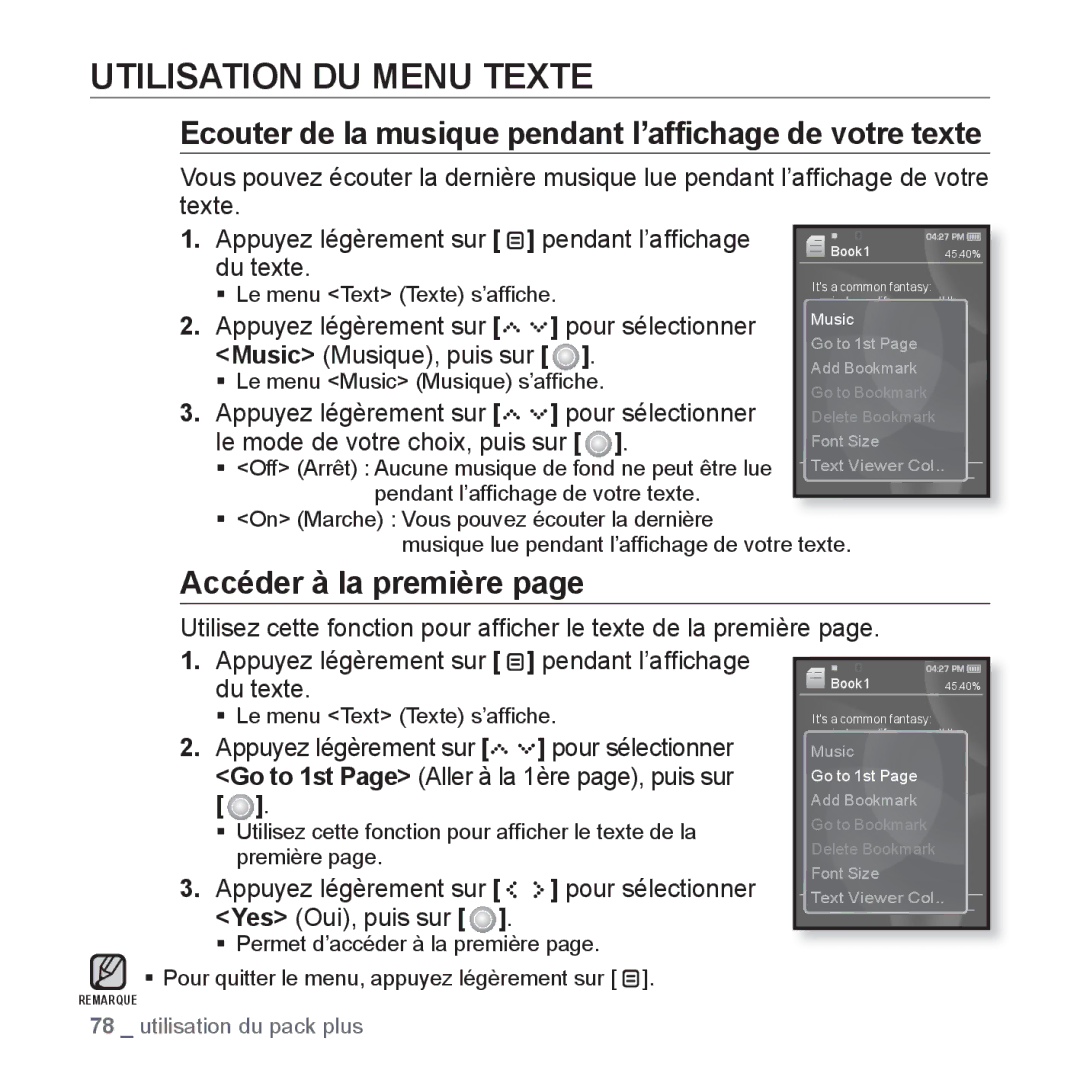 Samsung YP-S5JCW/XEF, YP-S5JAB/XEF manual Utilisation DU Menu Texte, Ecouter de la musique pendant l’afﬁchage de votre texte 