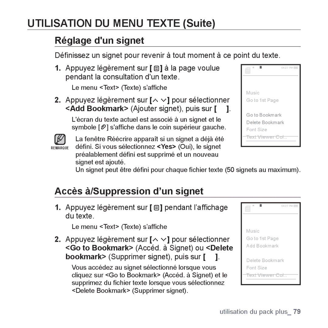 Samsung YP-S5JCB/XEF Utilisation DU Menu Texte Suite, Accès à/Suppression d’un signet, Pendant la consultation dun texte 