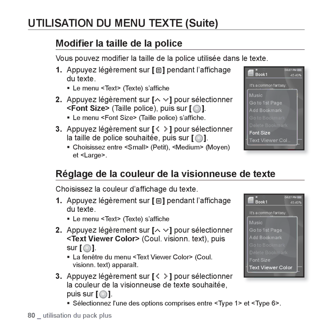 Samsung YP-S5JAB/XEF, YP-S5JQB/XEF manual Modiﬁer la taille de la police, Réglage de la couleur de la visionneuse de texte 