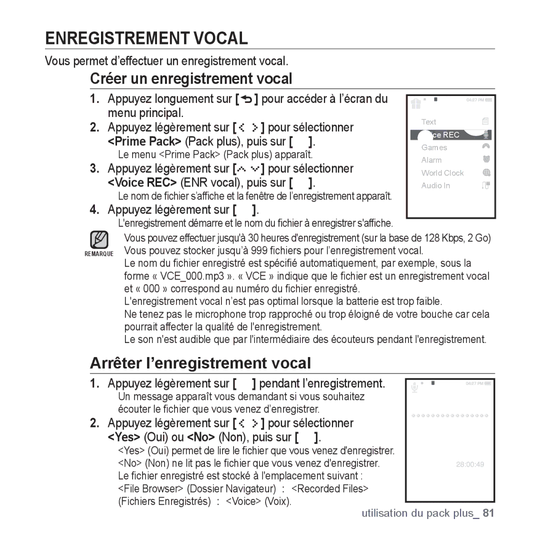 Samsung YP-S5JQB/XEF, YP-S5JAB/XEF Enregistrement Vocal, Créer un enregistrement vocal, Arrêter l’enregistrement vocal 