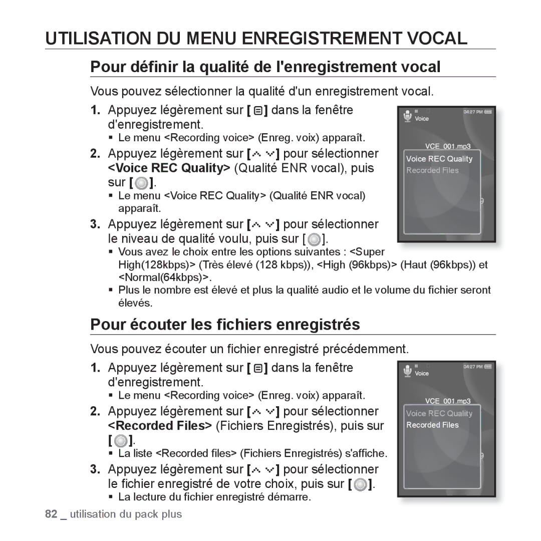 Samsung YP-S5JCW/XEF manual Utilisation DU Menu Enregistrement Vocal, Pour déﬁnir la qualité de lenregistrement vocal 