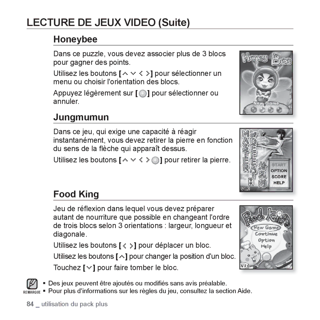 Samsung YP-S5JAB/XEF, YP-S5JQB/XEF, YP-S5JCW/XEF, YP-S5JCB/XEF Lecture DE Jeux Video Suite, Honeybee, Jungmumun, Food King 