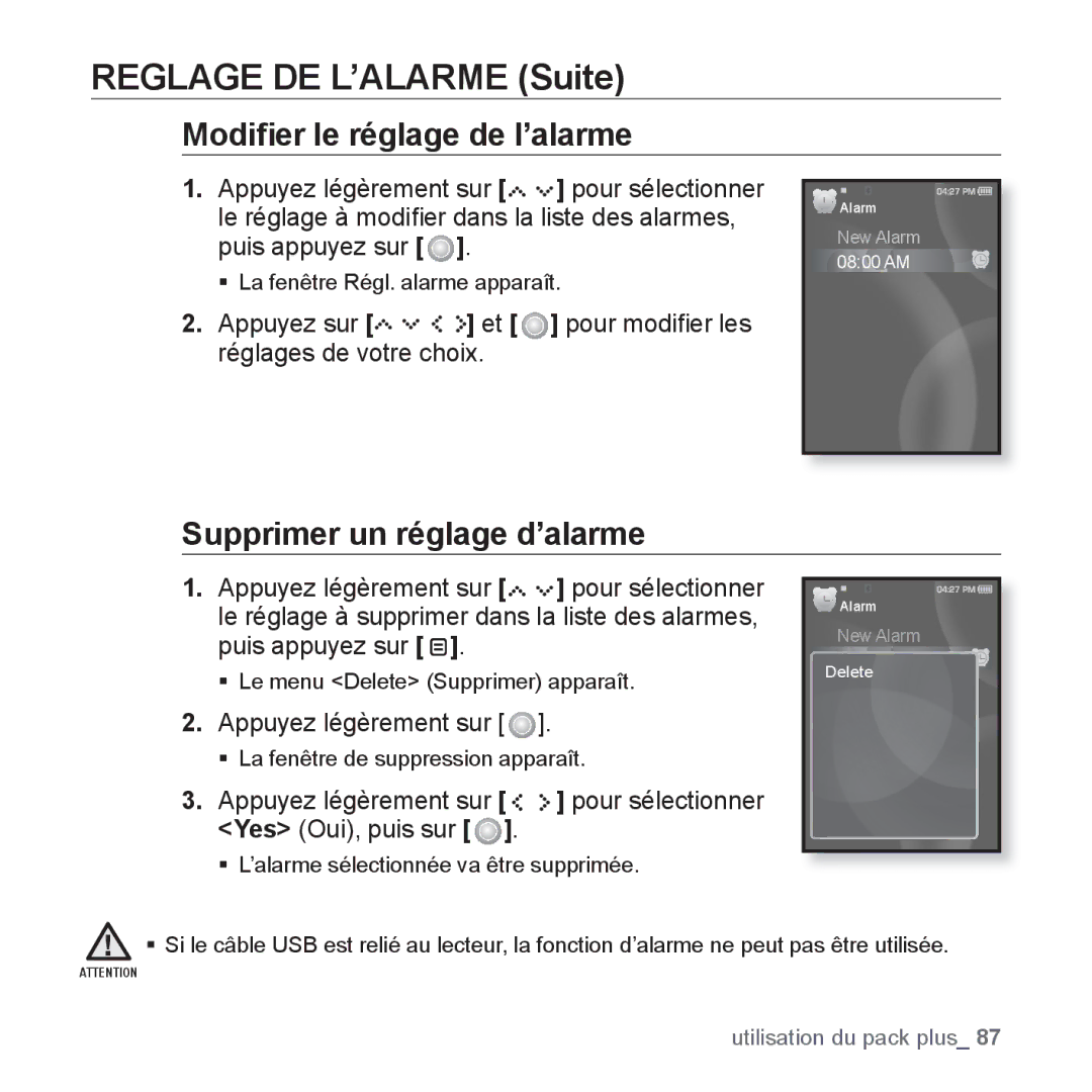 Samsung YP-S5JCB/XEF, YP-S5JAB/XEF, YP-S5JQB/XEF, YP-S5JCW/XEF Modiﬁer le réglage de l’alarme, Supprimer un réglage d’alarme 