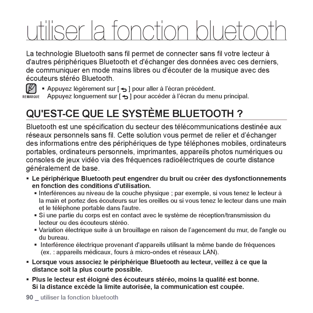 Samsung YP-S5JCW/XEF, YP-S5JAB/XEF, YP-S5JQB/XEF manual Utiliser la fonction bluetooth, QUEST-CE QUE LE Système Bluetooth ? 