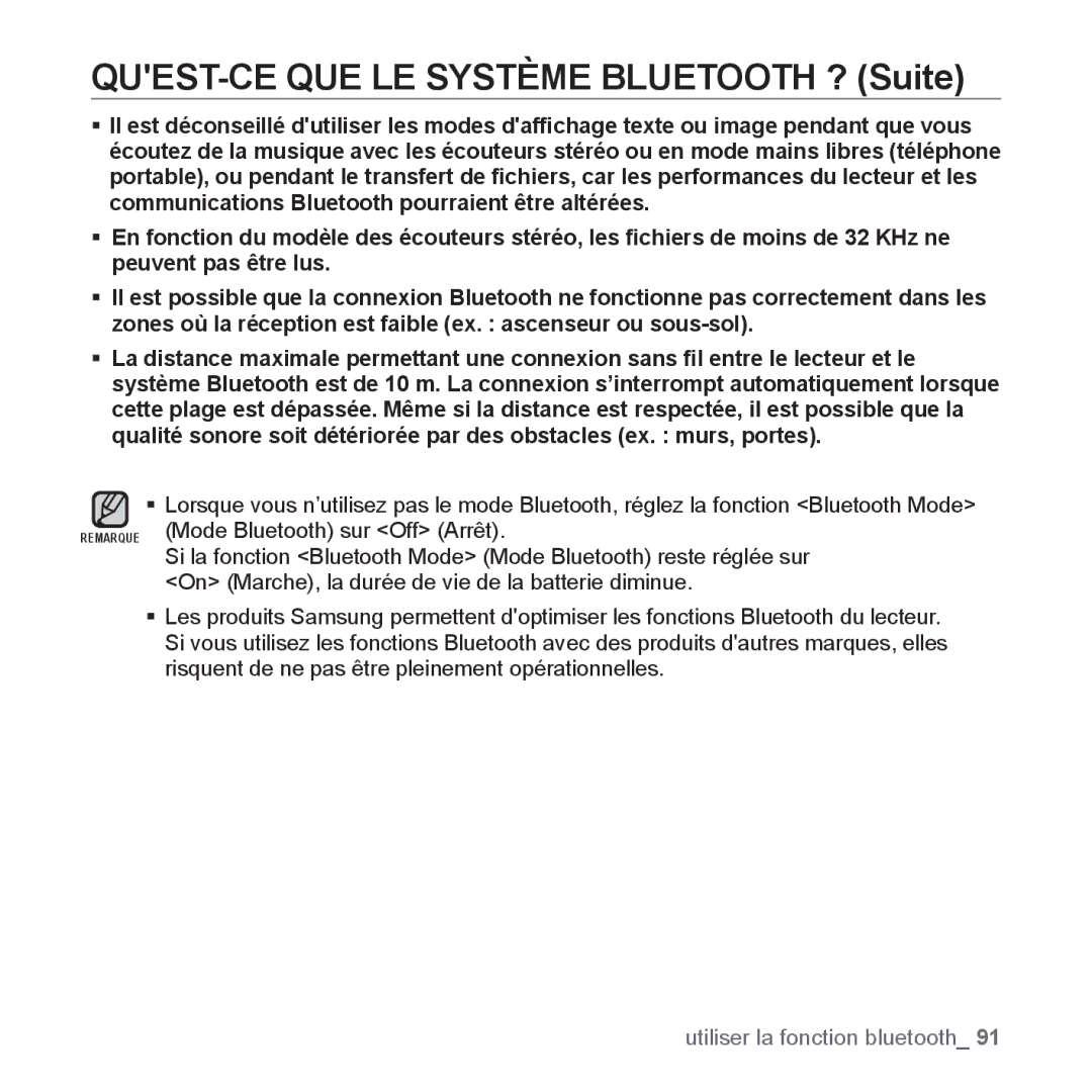 Samsung YP-S5JCB/XEF, YP-S5JAB/XEF, YP-S5JQB/XEF, YP-S5JCW/XEF manual QUEST-CE QUE LE Système Bluetooth ? Suite 