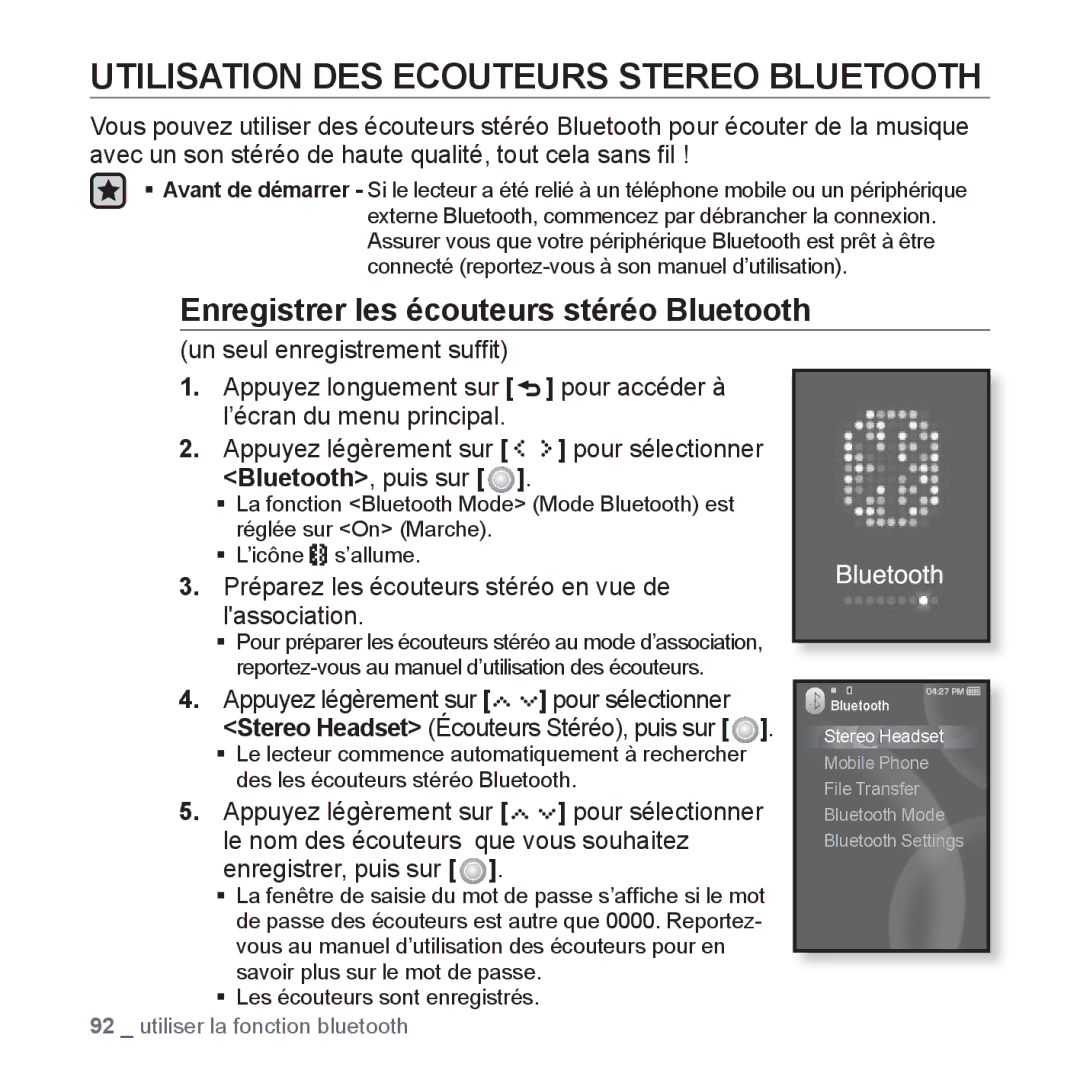 Samsung YP-S5JAB/XEF, YP-S5JQB/XEF Utilisation DES Ecouteurs Stereo Bluetooth, Enregistrer les écouteurs stéréo Bluetooth 