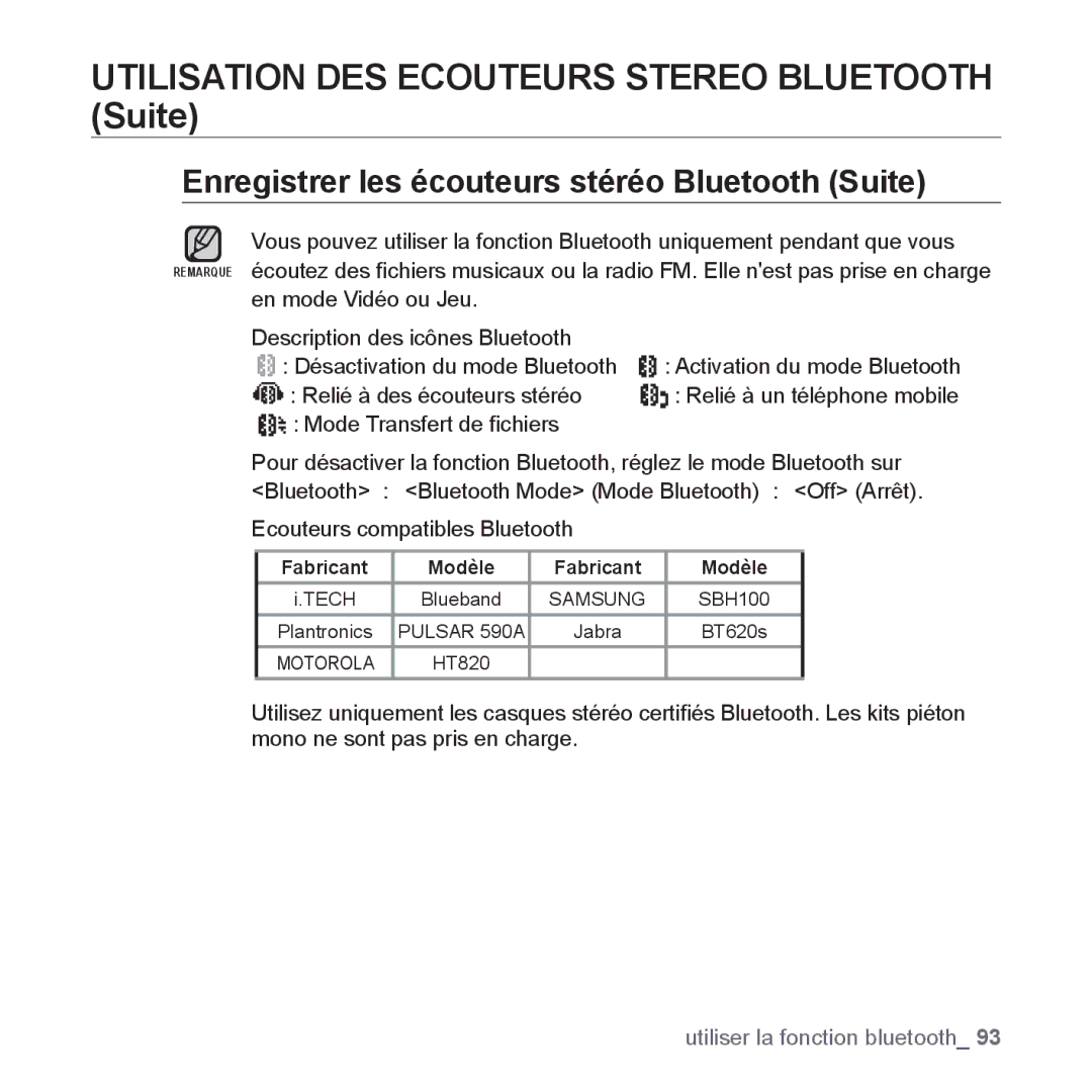 Samsung YP-S5JQB/XEF Utilisation DES Ecouteurs Stereo Bluetooth Suite, Enregistrer les écouteurs stéréo Bluetooth Suite 