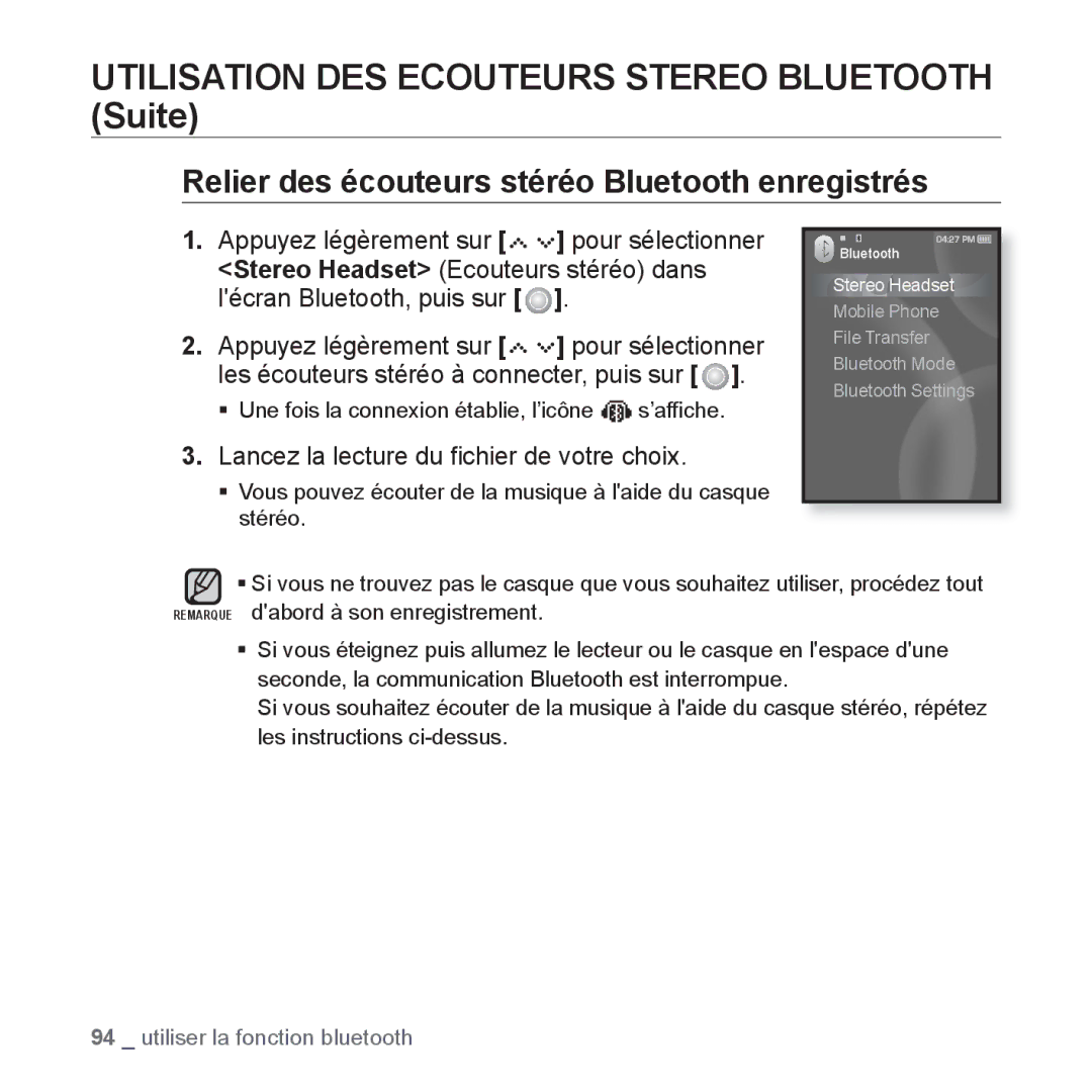 Samsung YP-S5JCW/XEF, YP-S5JAB/XEF Relier des écouteurs stéréo Bluetooth enregistrés, Stereo Headset Ecouteurs stéréo dans 