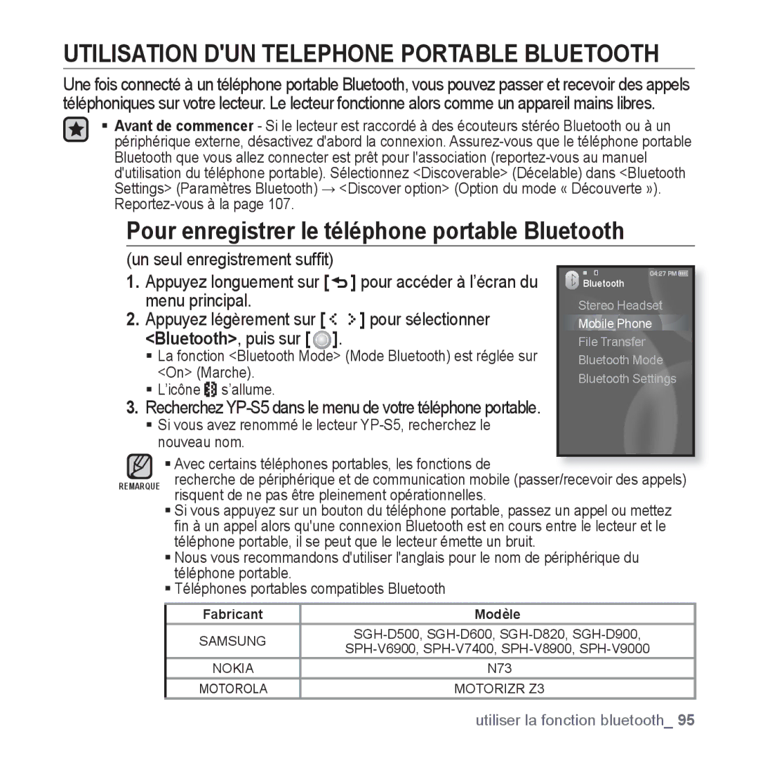 Samsung YP-S5JCB/XEF, YP-S5JAB/XEF manual Pour enregistrer le téléphone portable Bluetooth, Un seul enregistrement sufﬁt 