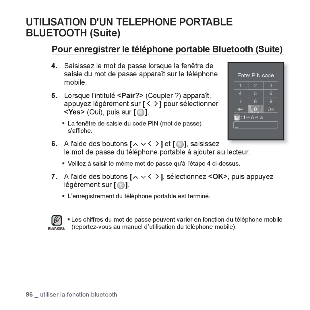 Samsung YP-S5JAB/XEF, YP-S5JQB/XEF, YP-S5JCW/XEF, YP-S5JCB/XEF manual Utilisation DUN Telephone Portable Bluetooth Suite 