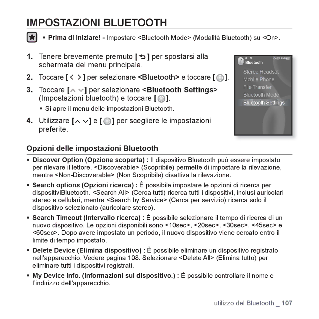 Samsung YP-S5JAW/XET, YP-S5JQW/XET manual Impostazioni Bluetooth, Utilizzare e per scegliere le impostazioni preferite 