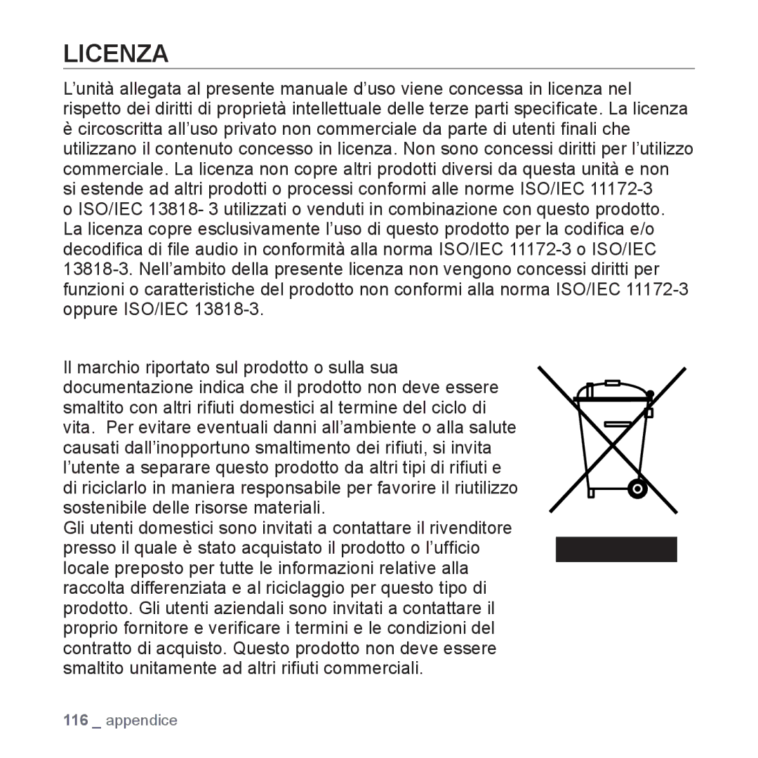 Samsung YP-S5JAW/XET, YP-S5JQW/XET, YP-S5JQB/XET manual Licenza 