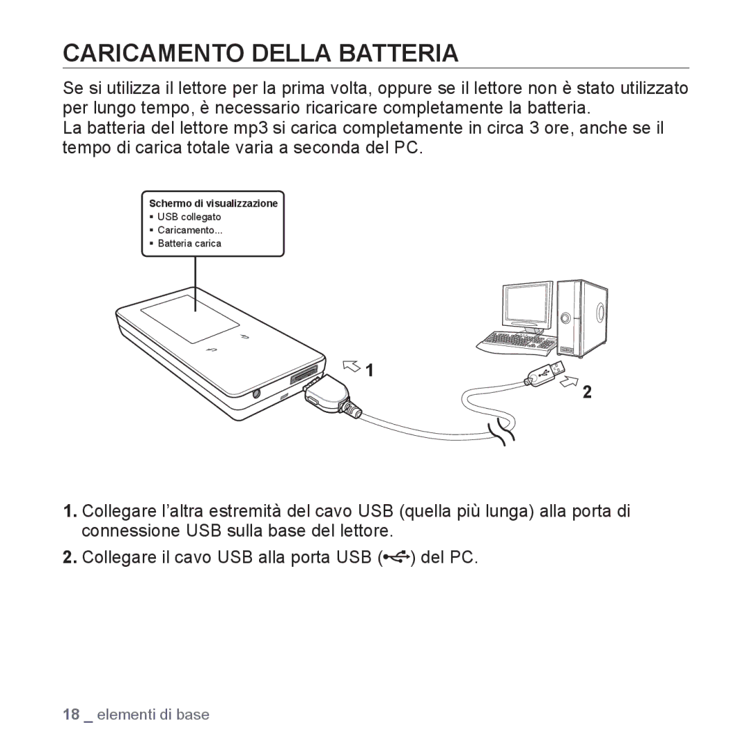 Samsung YP-S5JQW/XET, YP-S5JQB/XET, YP-S5JAW/XET manual Caricamento Della Batteria 