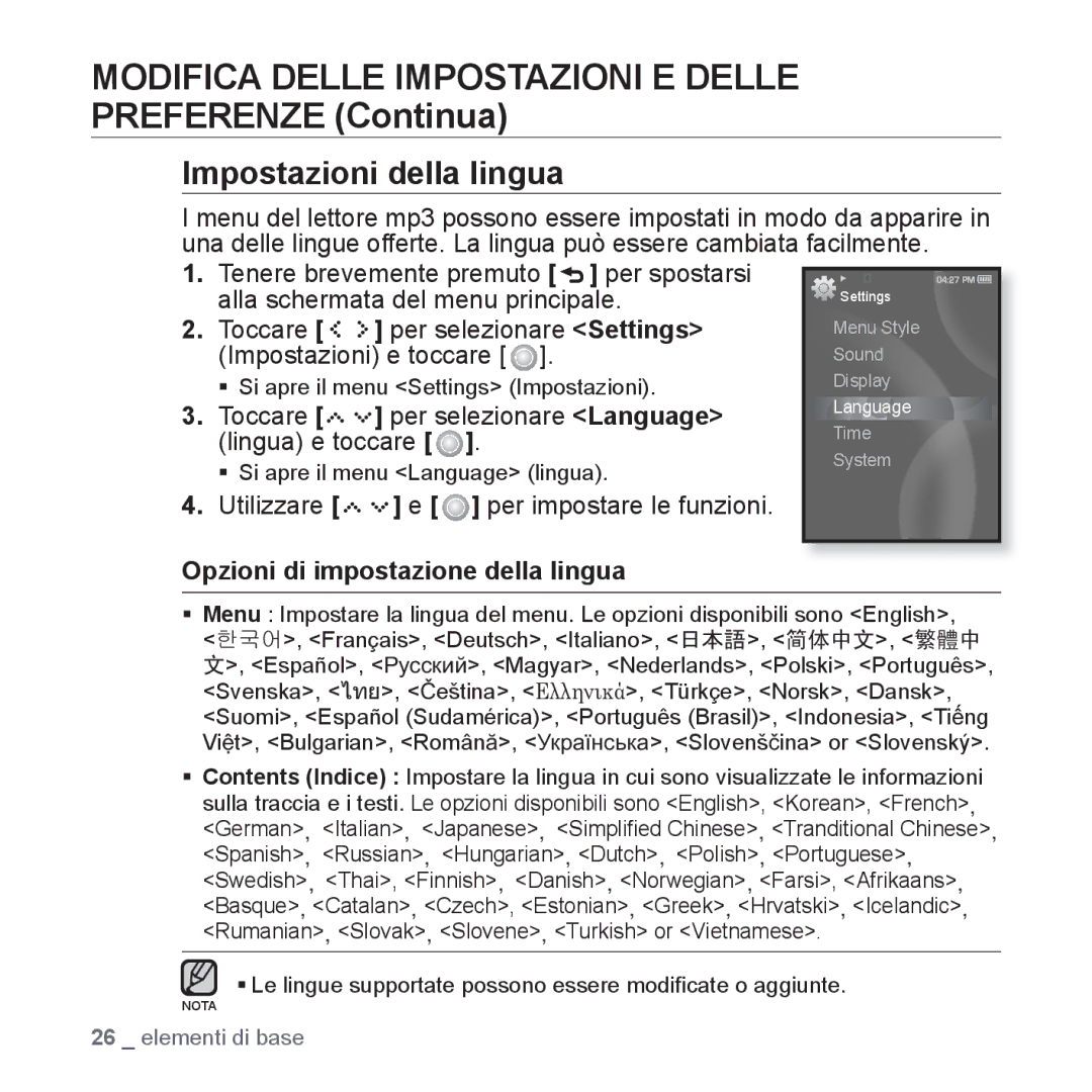 Samsung YP-S5JAW/XET, YP-S5JQW/XET manual Impostazioni della lingua, Toccare per selezionare Language lingua e toccare 