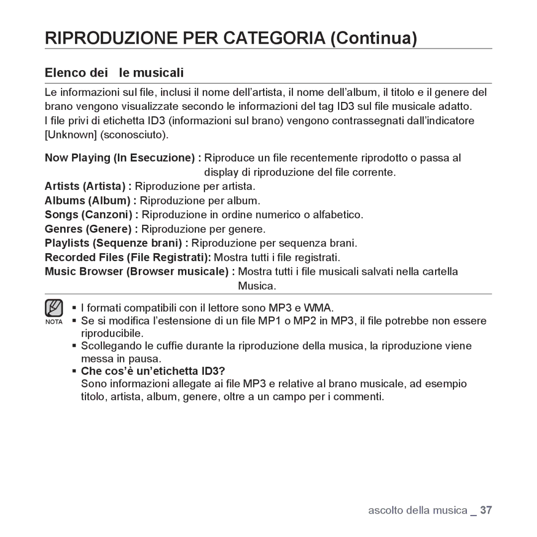 Samsung YP-S5JQB/XET, YP-S5JQW/XET, YP-S5JAW/XET manual Riproduzione PER Categoria Continua, Elenco dei ﬁle musicali 