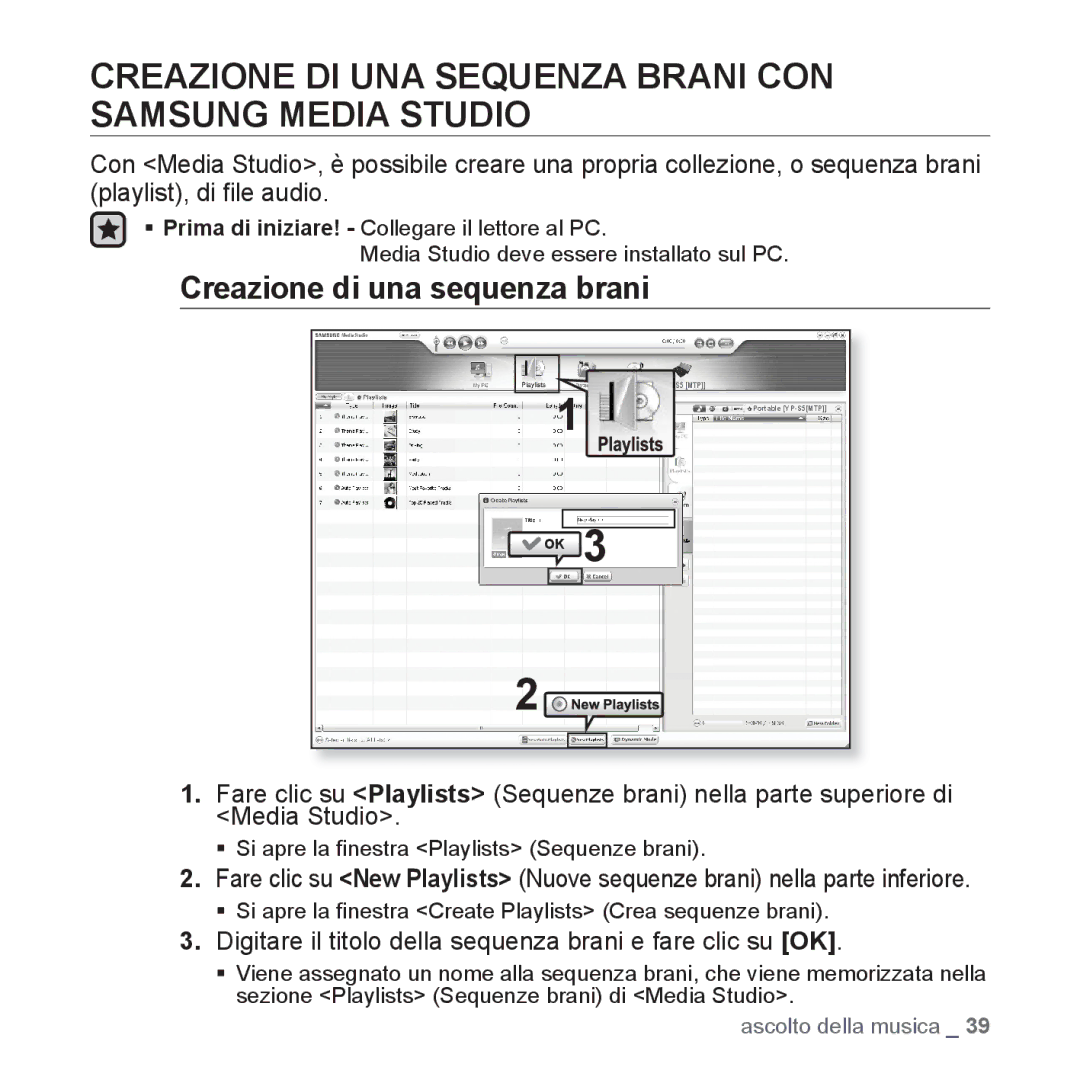 Samsung YP-S5JQW/XET manual Creazione DI UNA Sequenza Brani CON Samsung Media Studio, Creazione di una sequenza brani 