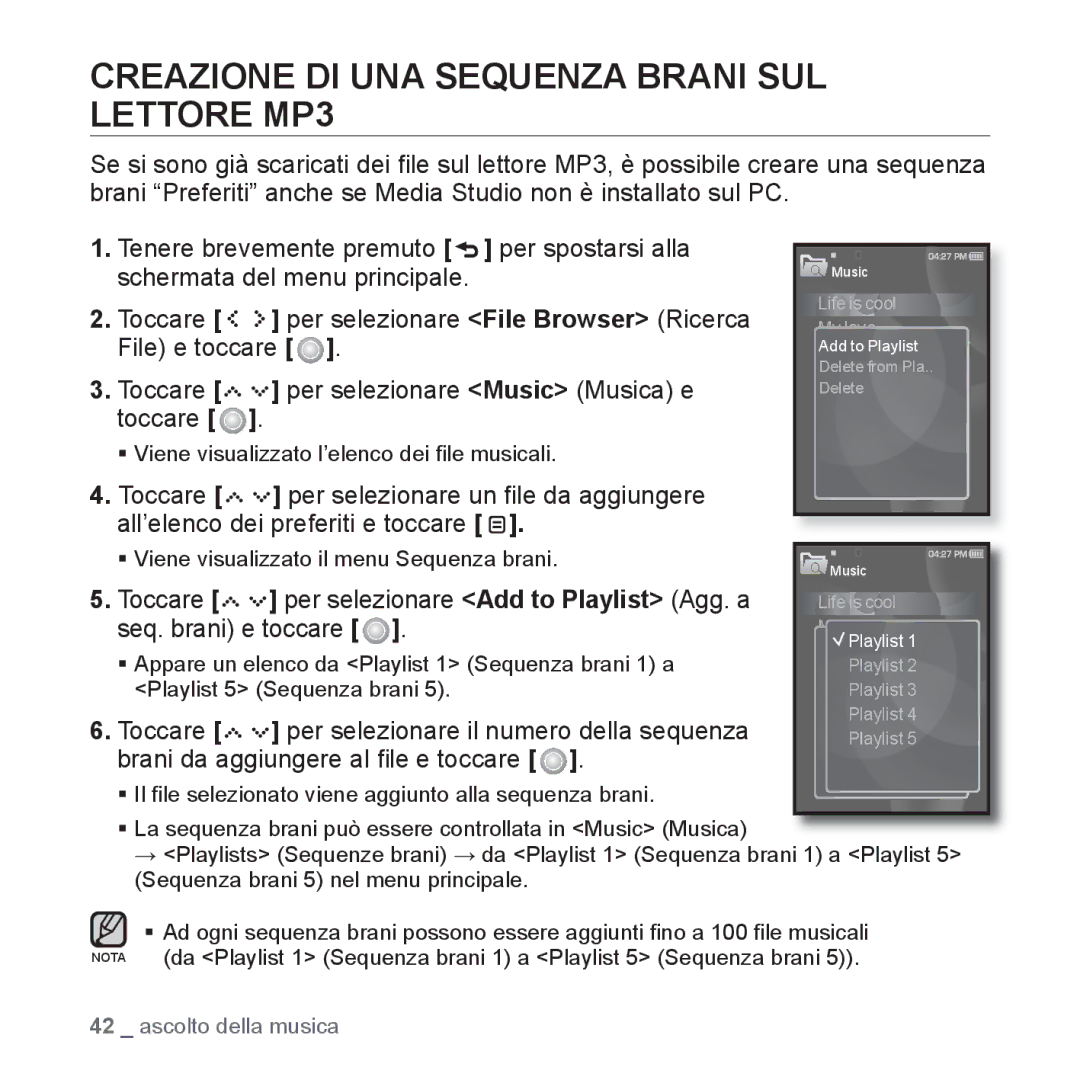 Samsung YP-S5JQW/XET, YP-S5JQB/XET, YP-S5JAW/XET manual Creazione DI UNA Sequenza Brani SUL Lettore MP3, Seq. brani e toccare 