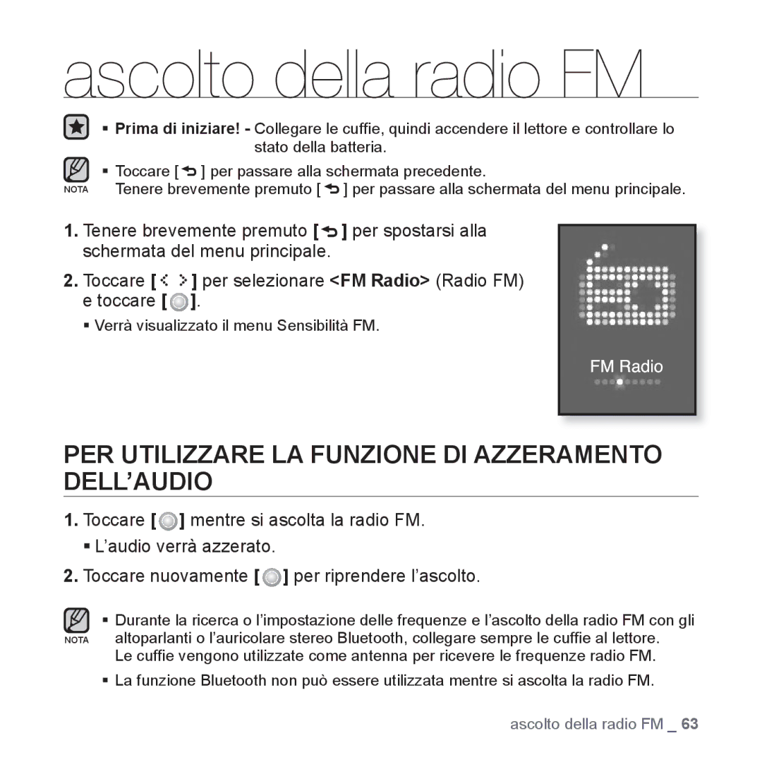 Samsung YP-S5JQW/XET, YP-S5JQB/XET manual Ascolto della radio FM, PER Utilizzare LA Funzione DI Azzeramento DELL’AUDIO 