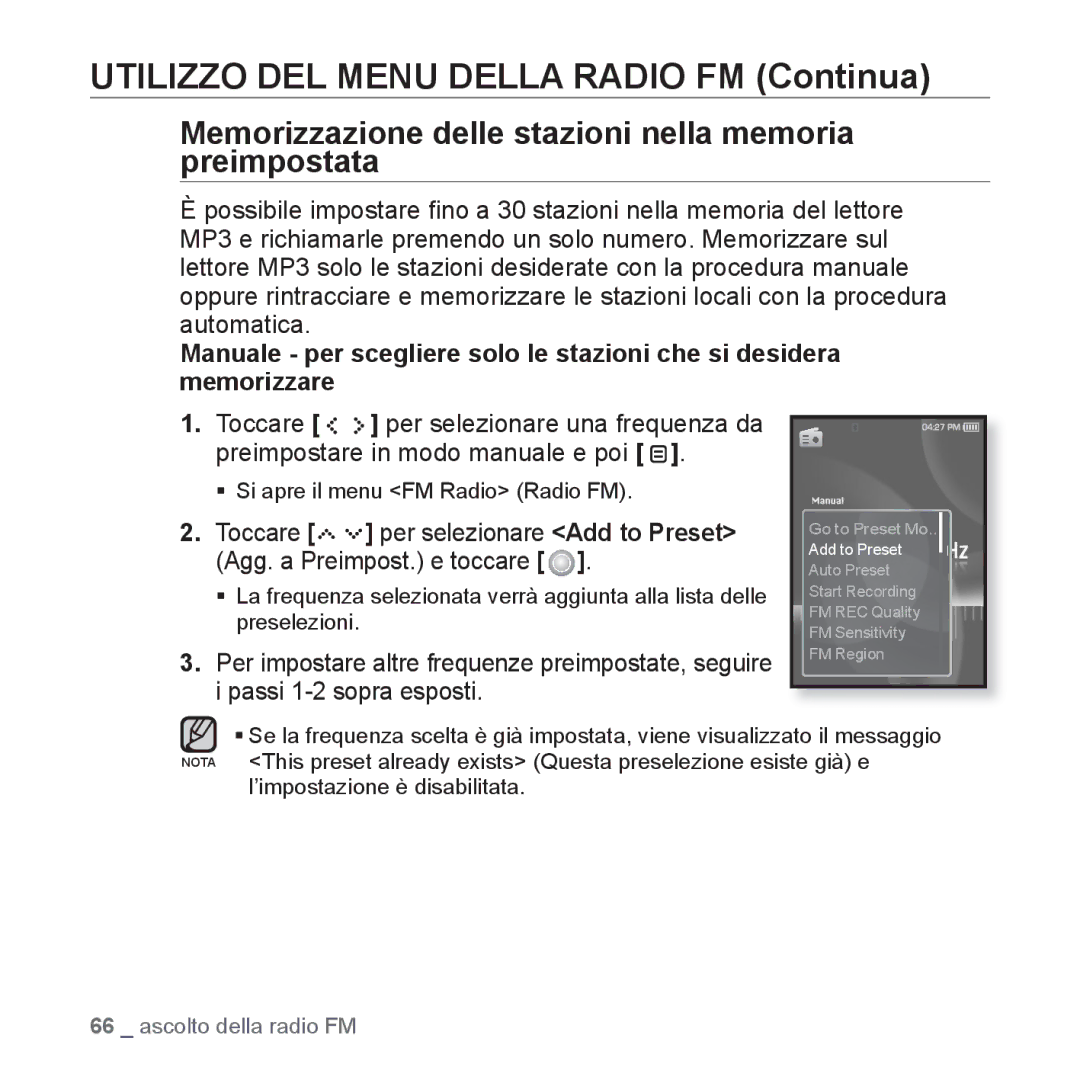 Samsung YP-S5JQW/XET Utilizzo DEL Menu Della Radio FM Continua, Memorizzazione delle stazioni nella memoria preimpostata 