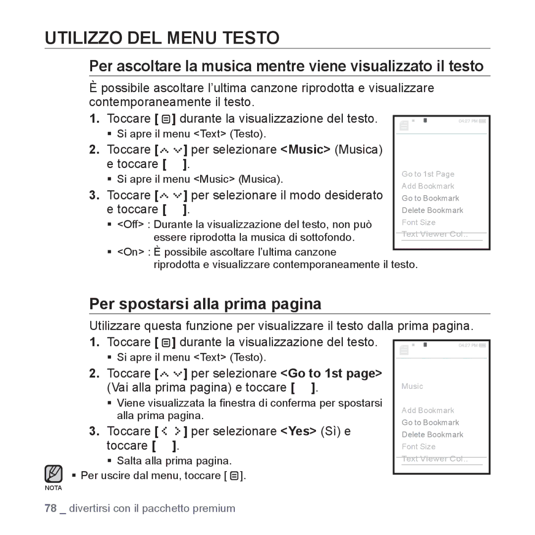 Samsung YP-S5JQW/XET, YP-S5JQB/XET Utilizzo DEL Menu Testo, Per ascoltare la musica mentre viene visualizzato il testo 