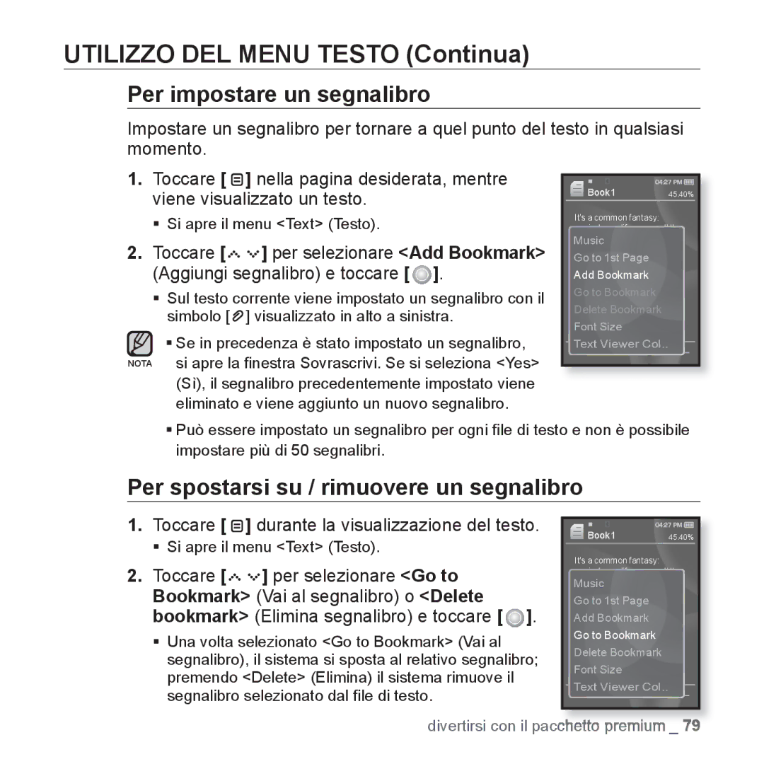 Samsung YP-S5JQB/XET, YP-S5JQW/XET manual Utilizzo DEL Menu Testo Continua, Per spostarsi su / rimuovere un segnalibro 