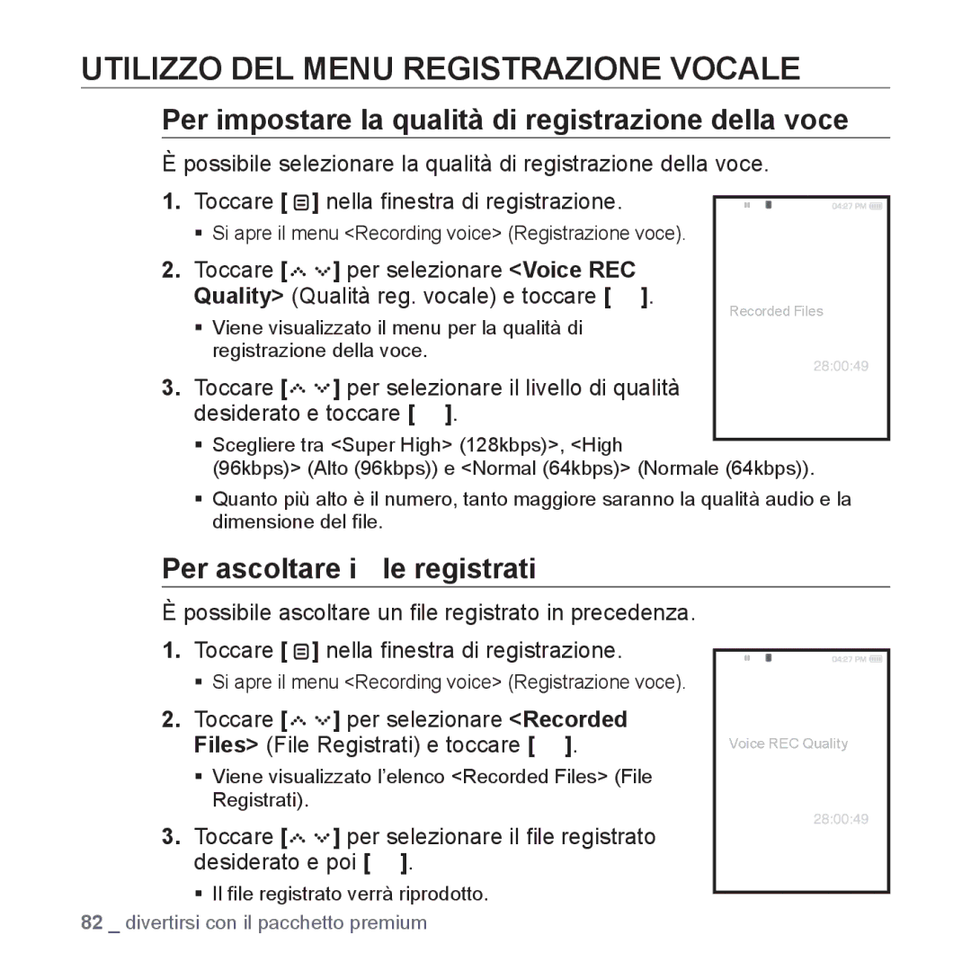 Samsung YP-S5JQB/XET manual Utilizzo DEL Menu Registrazione Vocale, Per impostare la qualità di registrazione della voce 