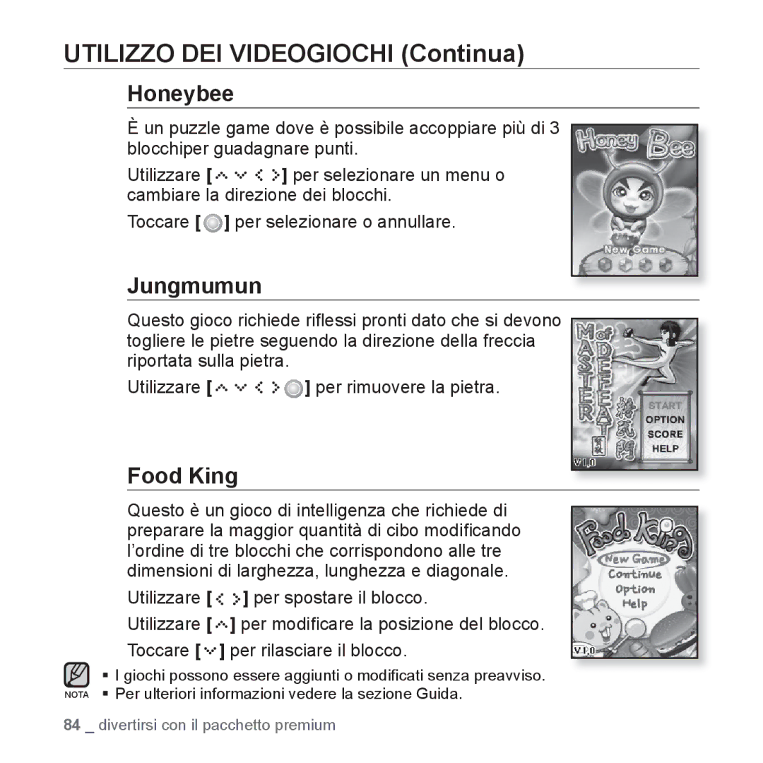 Samsung YP-S5JQW/XET, YP-S5JQB/XET, YP-S5JAW/XET manual Utilizzo DEI Videogiochi Continua, Honeybee, Jungmumun, Food King 