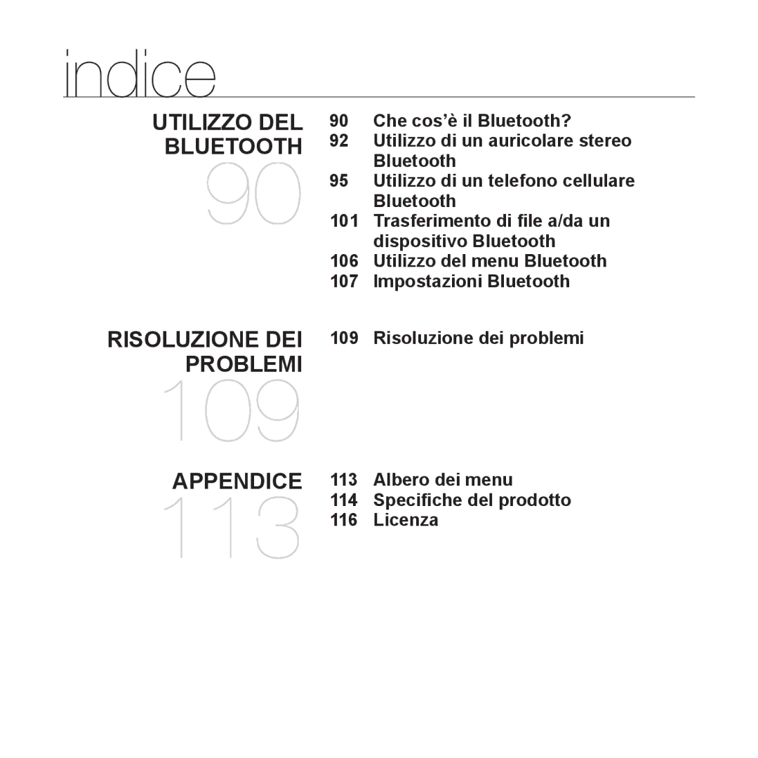 Samsung YP-S5JQW/XET, YP-S5JQB/XET, YP-S5JAW/XET manual 109, Albero dei menu Speciﬁche del prodotto 113 116 Licenza 