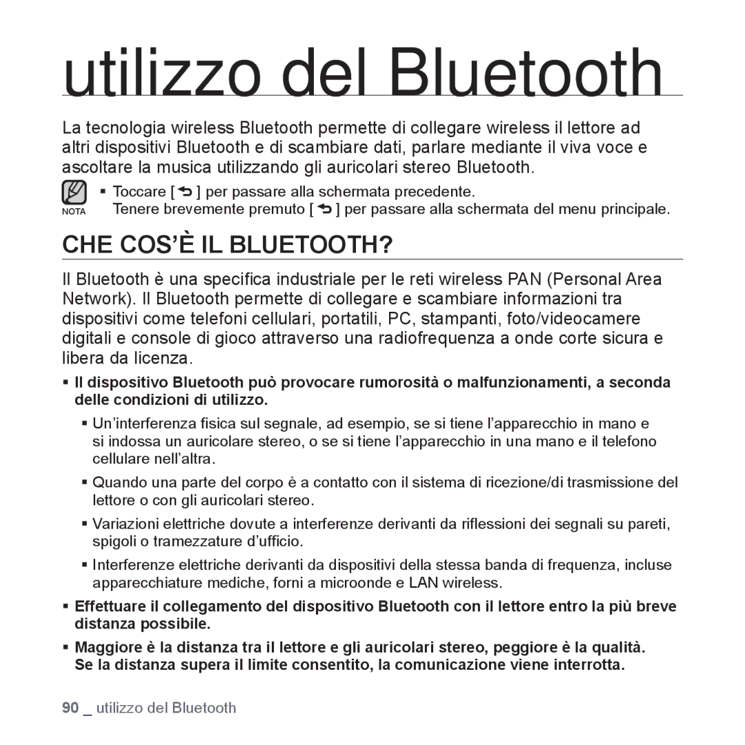 Samsung YP-S5JQW/XET, YP-S5JQB/XET, YP-S5JAW/XET manual Utilizzo del Bluetooth, Che Cos’È Il Bluetooth? 