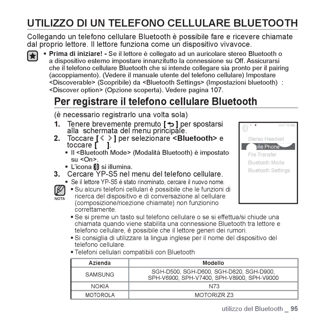 Samsung YP-S5JAW/XET manual Utilizzo DI UN Telefono Cellulare Bluetooth, Per registrare il telefono cellulare Bluetooth 