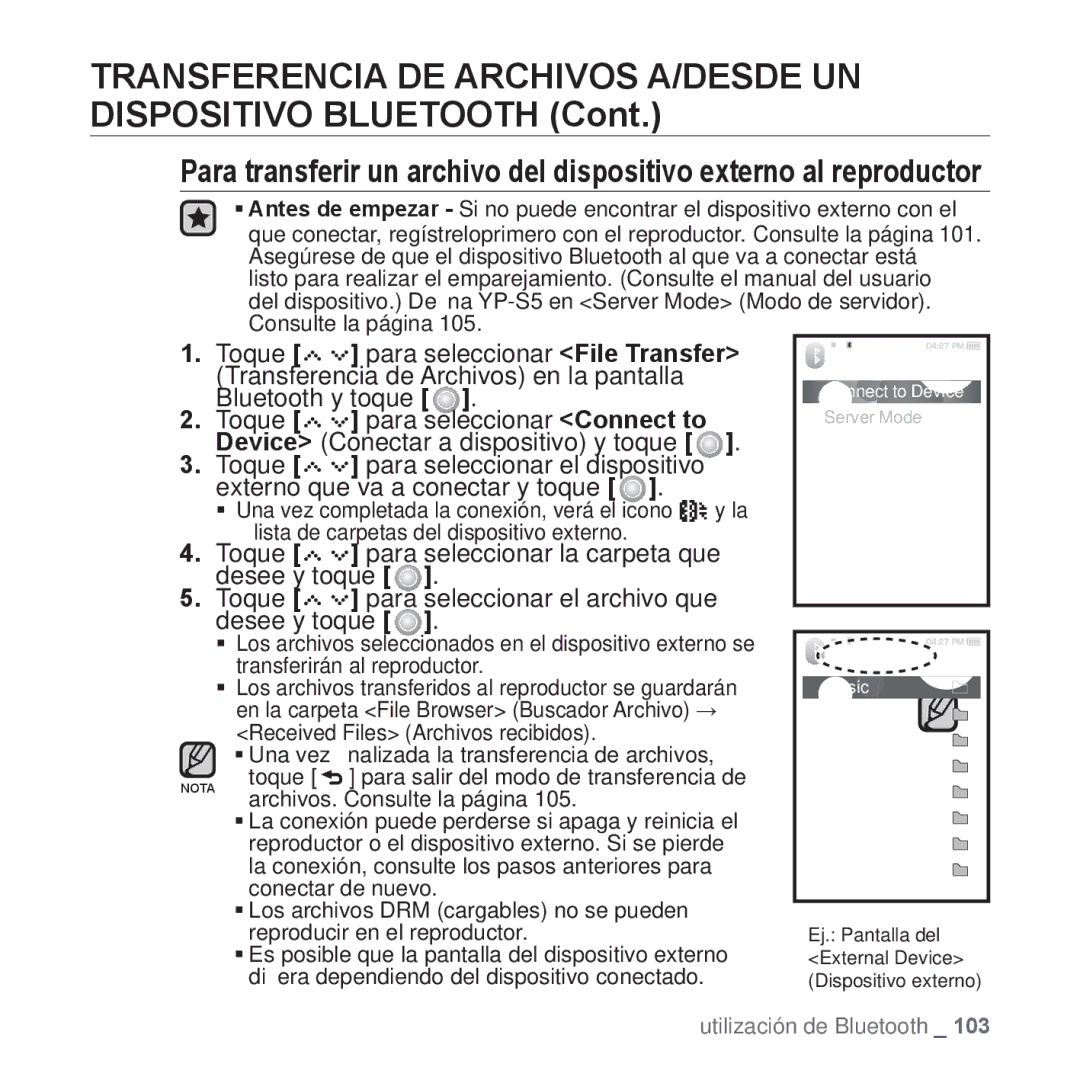 Samsung YP-S5JQB/XEO, YP-S5JQW/XET, YP-S5JQB/XET, YP-S5JQW/XEO, YP-S5JAB/XEO manual Lista de carpetas del dispositivo externo 