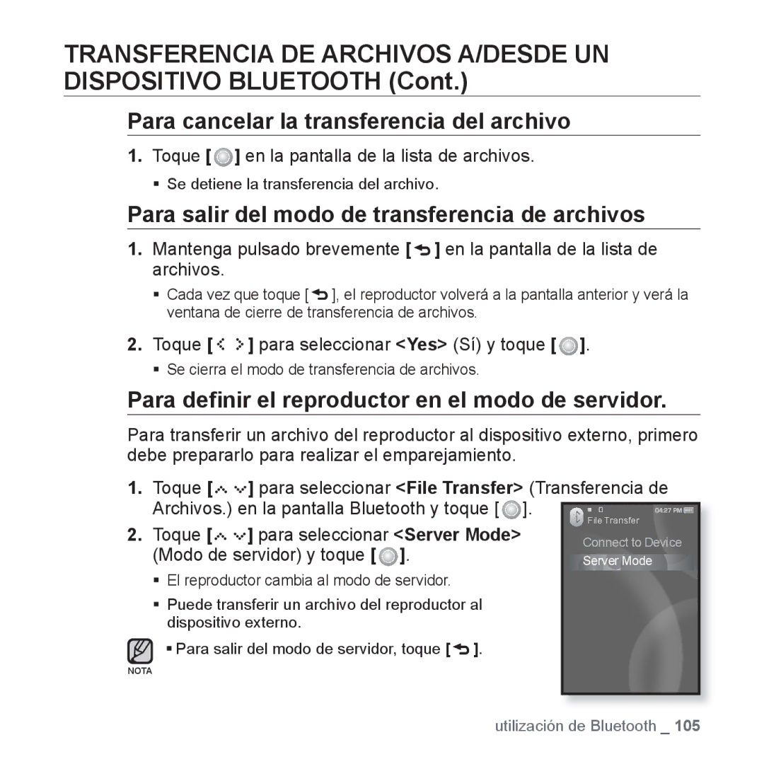 Samsung YP-S5JQW/XET manual Para cancelar la transferencia del archivo, Para salir del modo de transferencia de archivos 