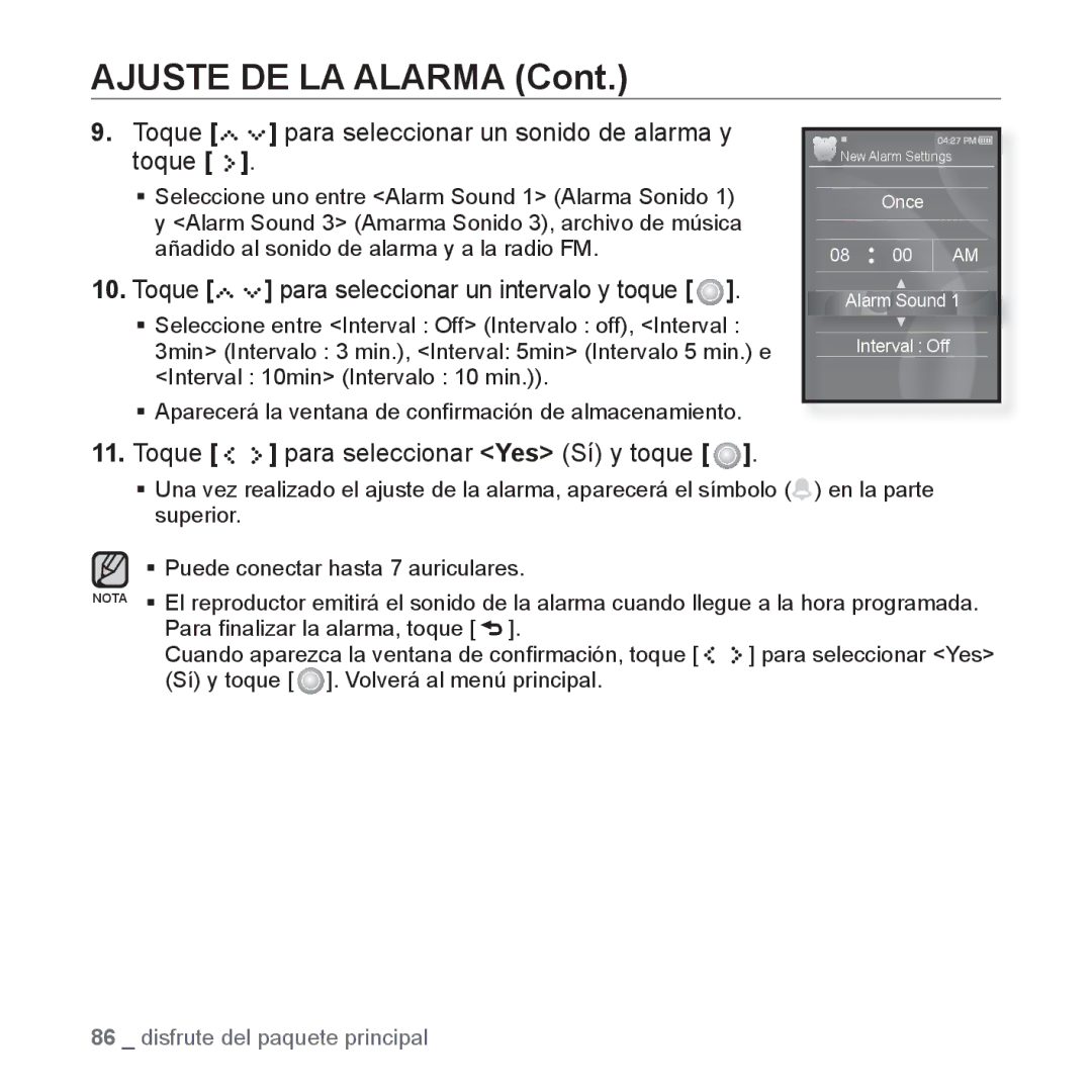 Samsung YP-S5JQW/XEO, YP-S5JQW/XET, YP-S5JQB/XET Ajuste DE LA Alarma, Toque para seleccionar un sonido de alarma y toque 