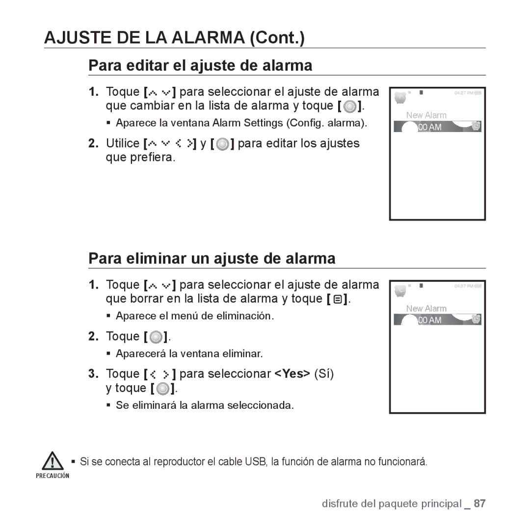 Samsung YP-S5JAB/XEO, YP-S5JQW/XET, YP-S5JQB/XET manual Para editar el ajuste de alarma, Para eliminar un ajuste de alarma 