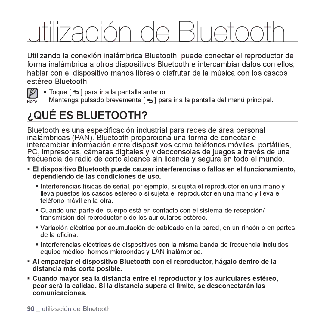 Samsung YP-S5JCB/XEO, YP-S5JQW/XET, YP-S5JQB/XET, YP-S5JQW/XEO, YP-S5JAB/XEO Utilización de Bluetooth, ¿Qué Es Bluetooth? 