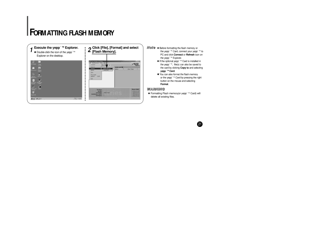 Samsung YP-SE64PS manual Formatting Flash Memory, Execute the yepp´ TM Explorer 