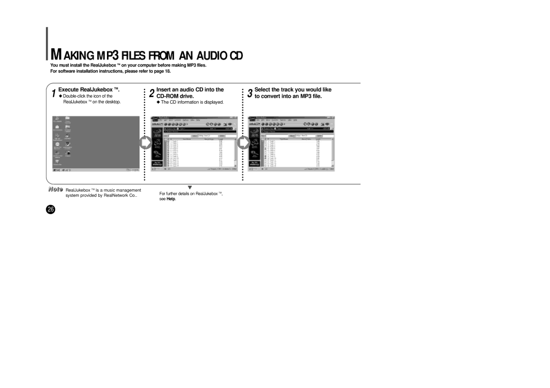 Samsung YP-SE64PS manual Making MP3 Files from AN Audio CD, Execute RealJukebox TM, CD-ROM drive 