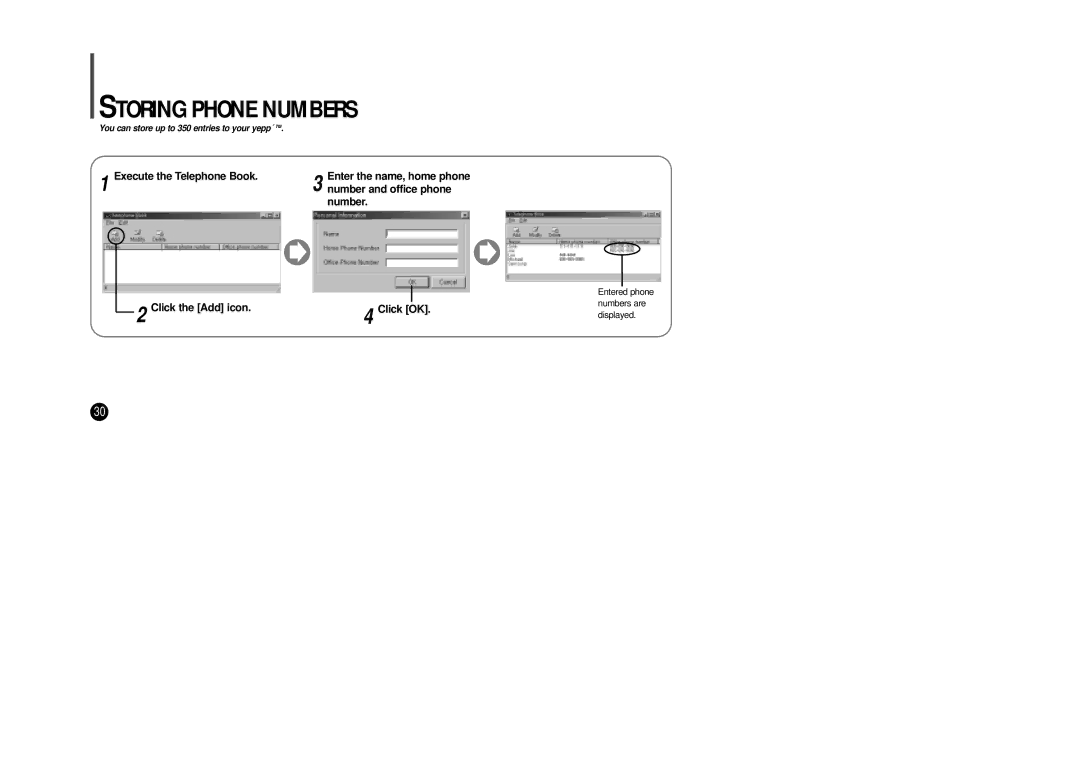 Samsung YP-SE64PS Storing Phone Numbers, Execute the Telephone Book, Number and office phone, Number Click the Add icon 