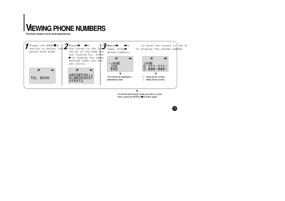 Samsung YP-SE64PS manual Viewing Phone Numbers, Press the MODE/A↔ B button to select the phone book mode 