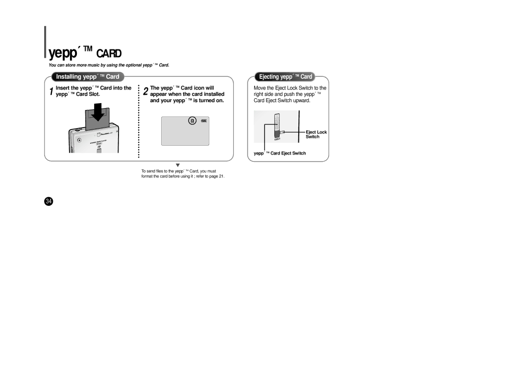 Samsung YP-SE64PS manual Yepp´ TM Card, Installing yepp´ TM C ard 