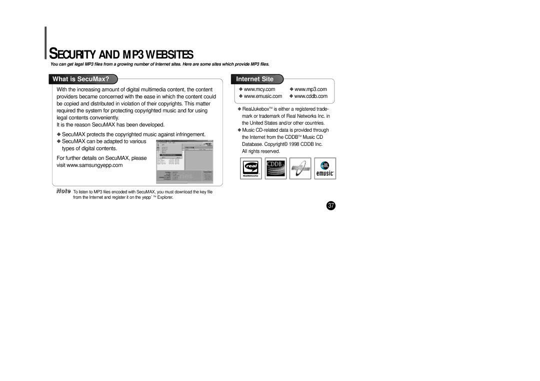 Samsung YP-SE64PS manual Security and MP3 Websites, What is SecuMax?, Internet Site 