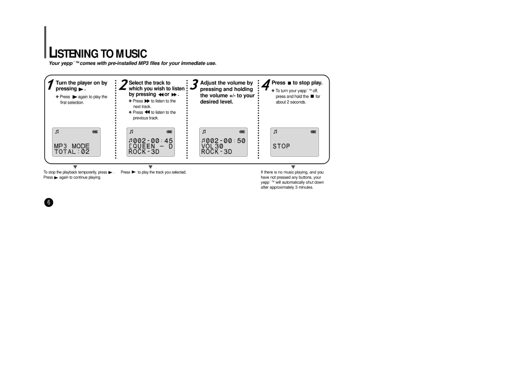 Samsung YP-SE64PS manual Listening to Music, Turn the player on by pressing, By pressing or 