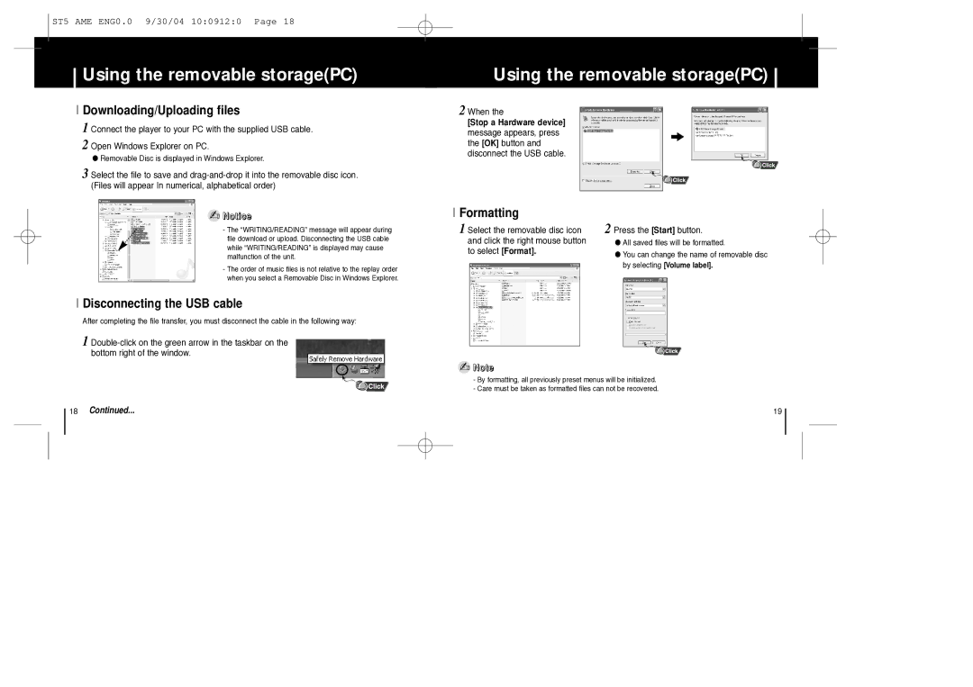 Samsung YP-ST5 manual Using the removable storagePC, Downloading/Uploading files, Disconnecting the USB cable, Formatting 