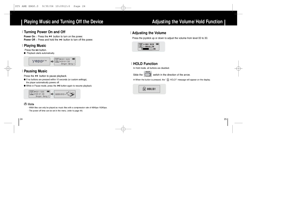 Samsung YP-ST5 manual Turning Power On and Off, Playing Music, Pausing Music, Adjusting the Volume, Hold Function 