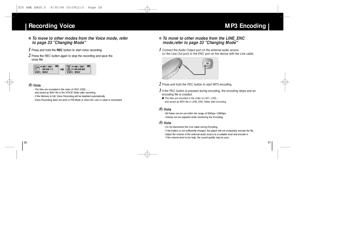 Samsung YP-ST5 manual Recording Voice, MP3 Encoding 