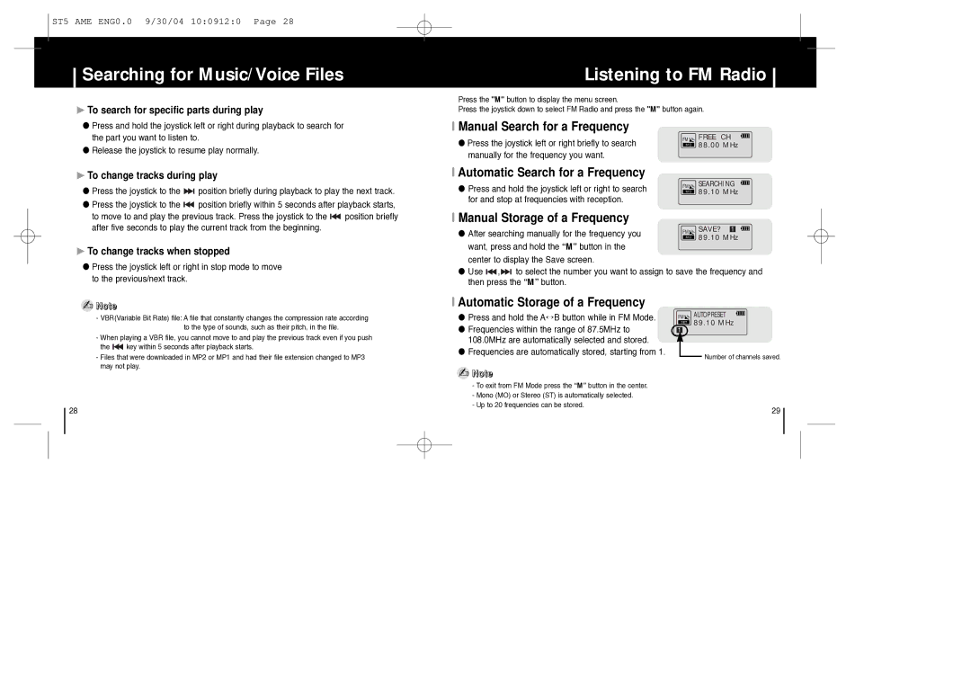 Samsung YP-ST5 manual Searching for Music/Voice Files, Listening to FM Radio 